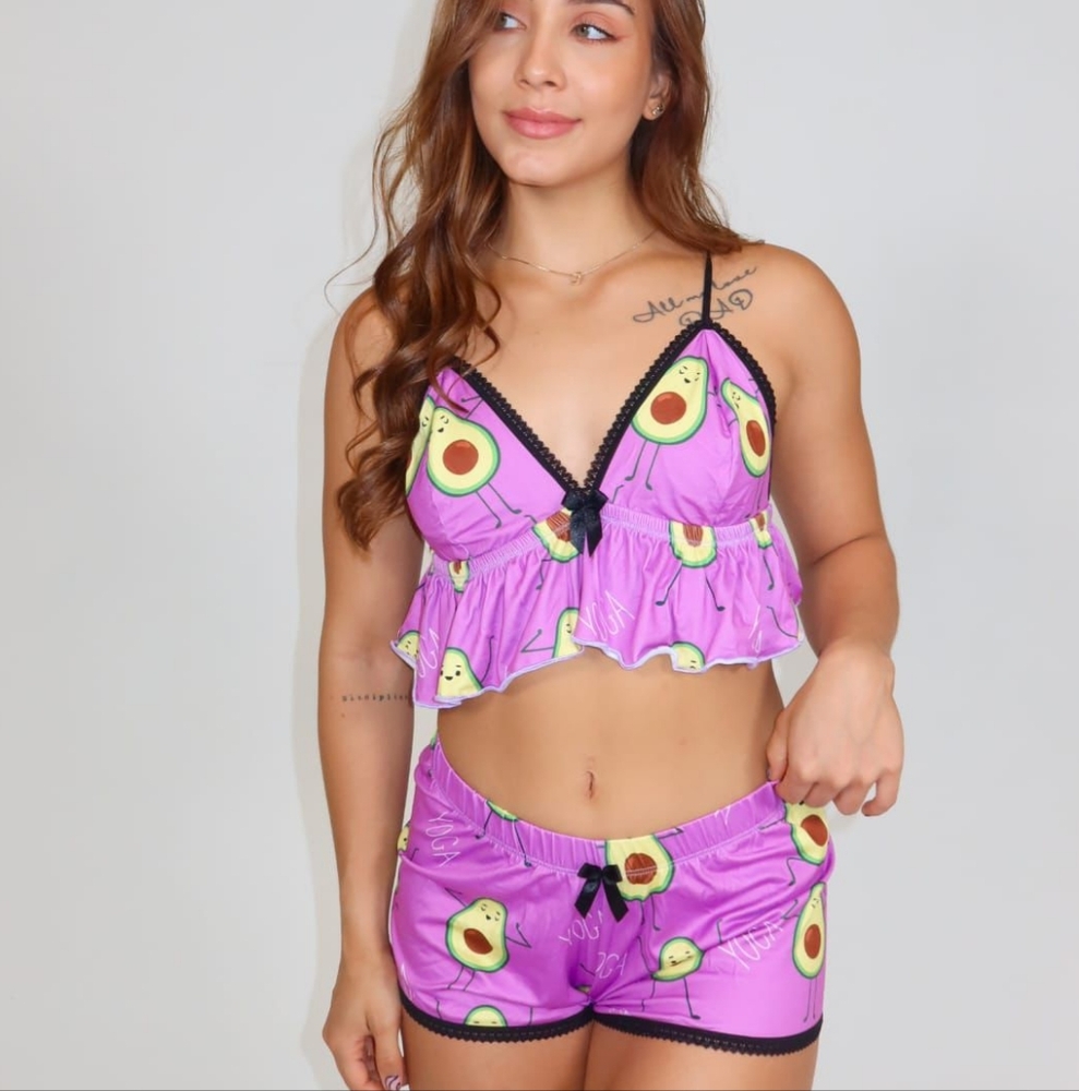 2 Pieces Purple Avocado Print Women's New, One Size Sleepwear Set